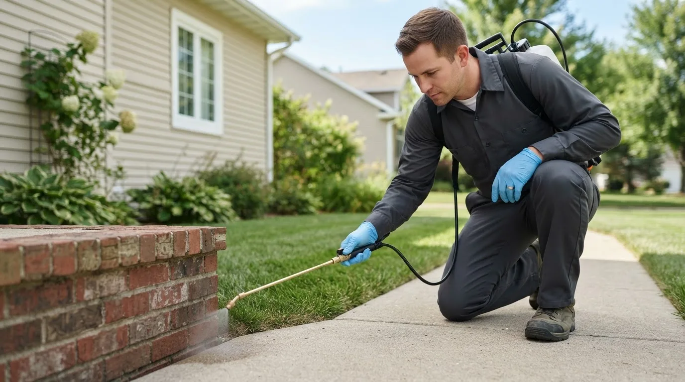 Pest control technician treating a home near Fort Morgan, CO